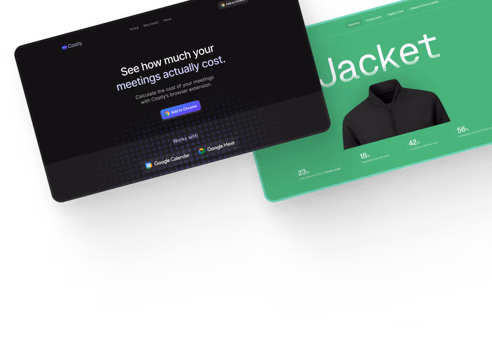 Michael Vereb's website designs examples, Costly and Product pages